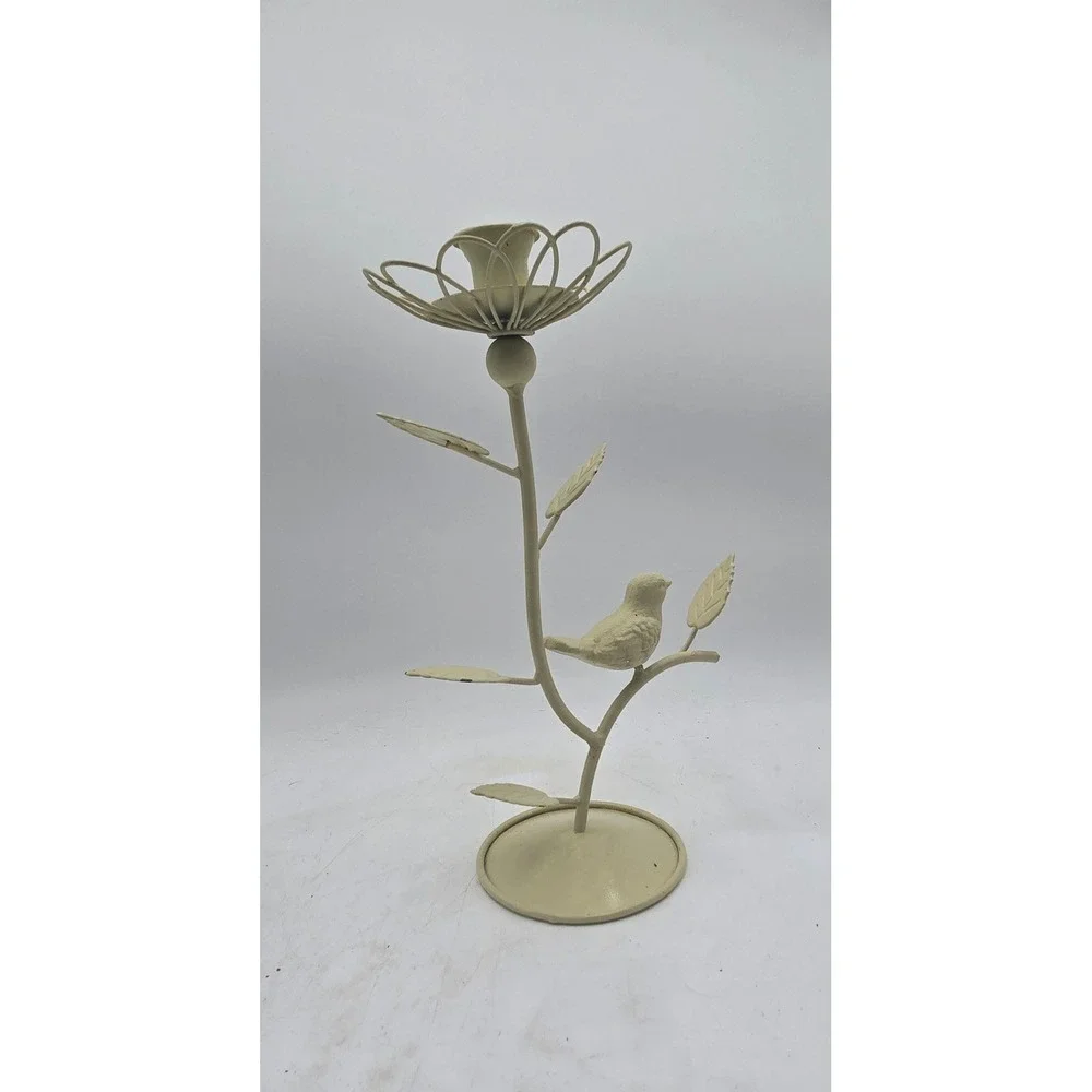 Cream Metal Bird and Flower Taper Candle Holder Rustic Farmhouse Decor